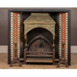 An Aesthetic Movement fire surround of Majolica tiles