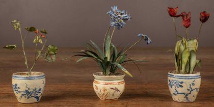 Beatrice Elizabeth Hindley (1882-1973), three decorative miniature model plants in plant pots