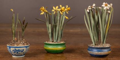Beatrice Elizabeth Hindley (1882-1973), a group of three miniature model plant pots with daffodils