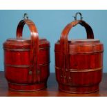 Three red lacquered bamboo stacking canteens