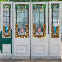 A pair of Victorian or Edwardian white painted entrance doors with leaded glass panels