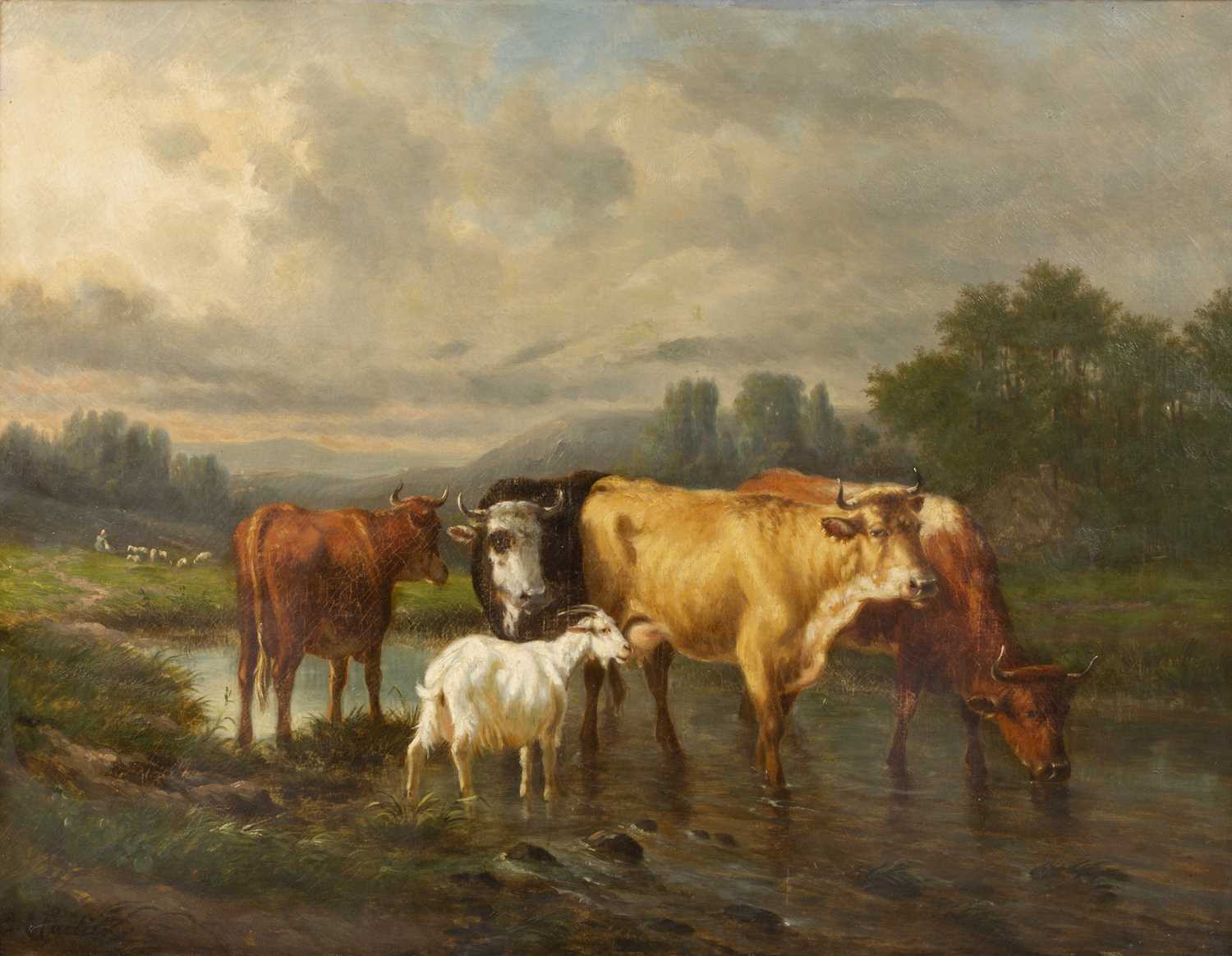 Victor Emile Cartier (b.1811-d.1866), cattle watering in a stream joined by a goat