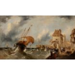 19th Century Flemish school, a boat running into harbour in stormy weather