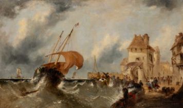 19th Century Flemish school, a boat running into harbour in stormy weather