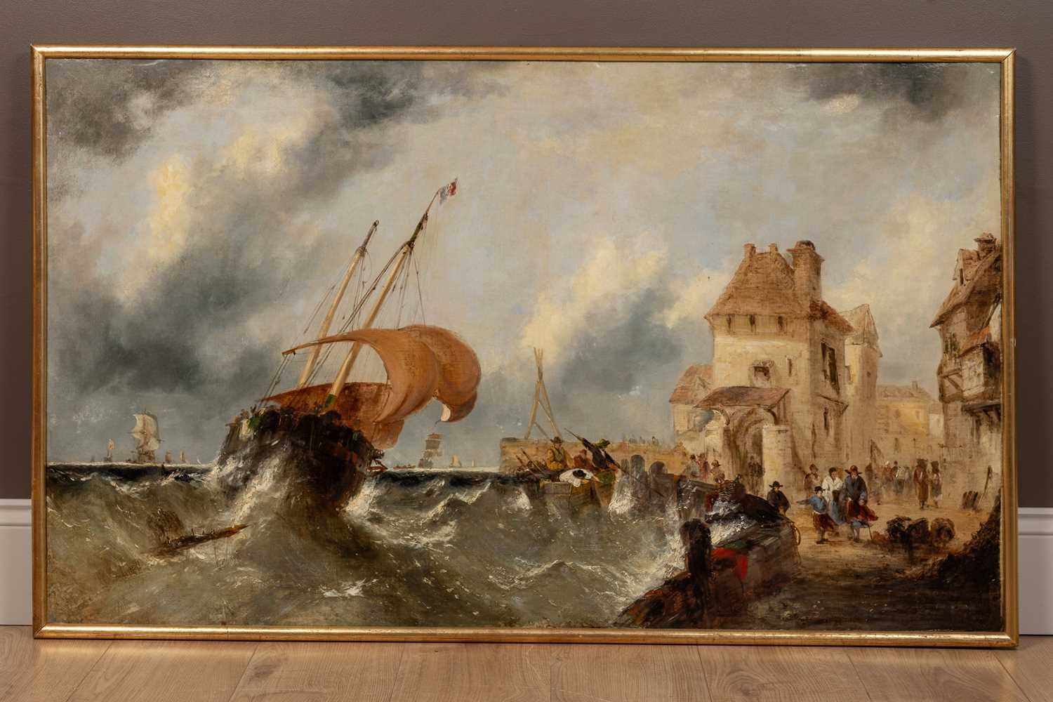 19th Century Flemish school, a boat running into harbour in stormy weather - Image 2 of 3