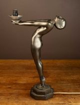 After Max Le Verrier, an Art Deco style Clarté lamp in the form of a nude maiden supporting the