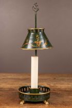 A small green painted toleware table lamp