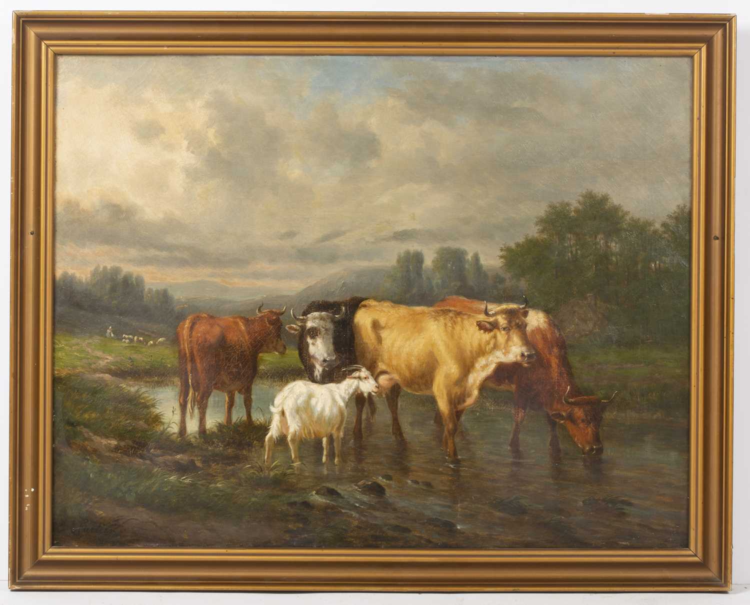Victor Emile Cartier (b.1811-d.1866), cattle watering in a stream joined by a goat - Image 2 of 3