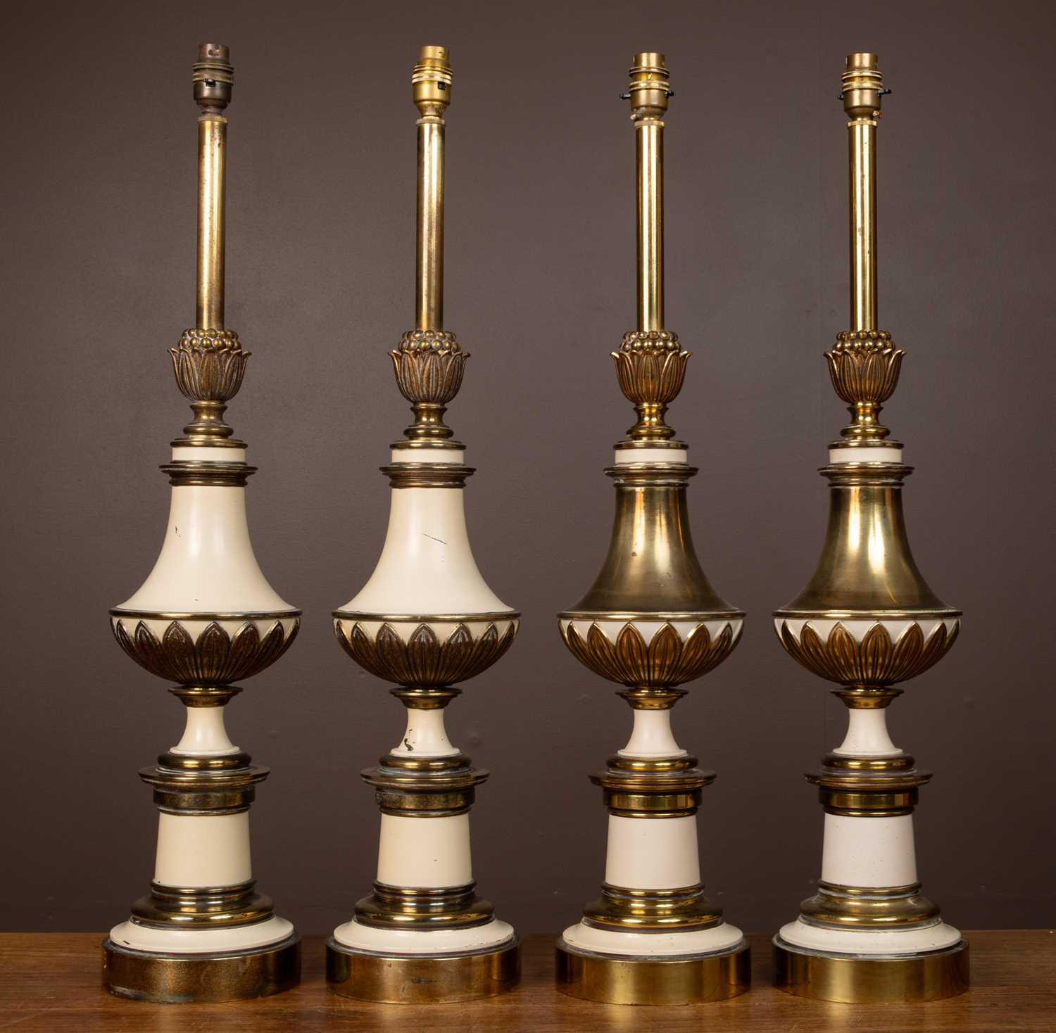 Two pairs of 1940s French brass and painted brass lamps