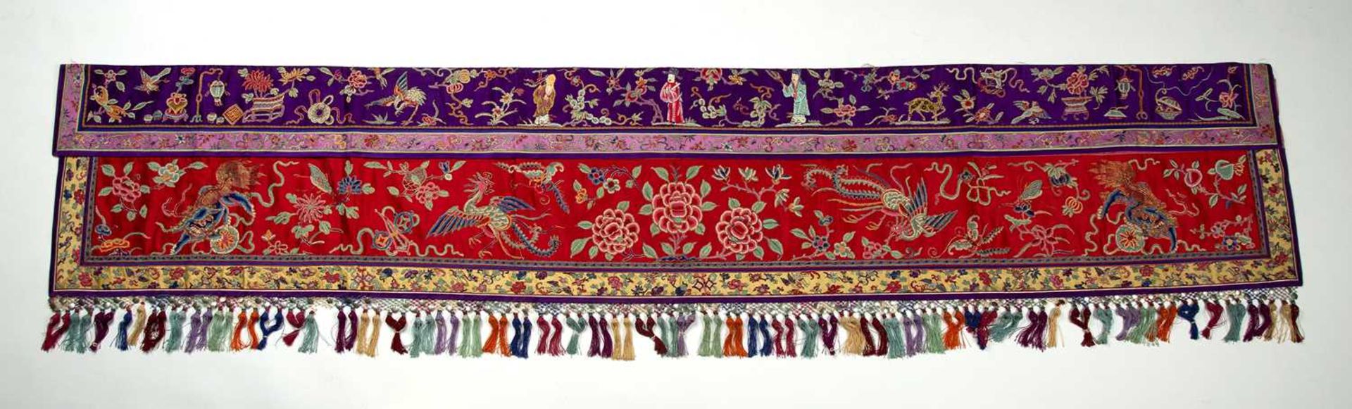 Purple and red silk altar panel Chinese with phoenixes, immortals, and other auspicious symbols,