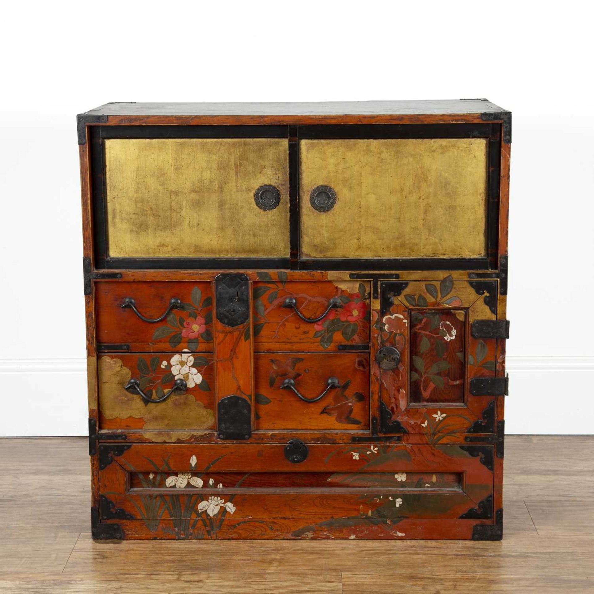 Gilt lacquer and painted cabinet Japanese, late 19th Century with fitted sliding doors and bird,