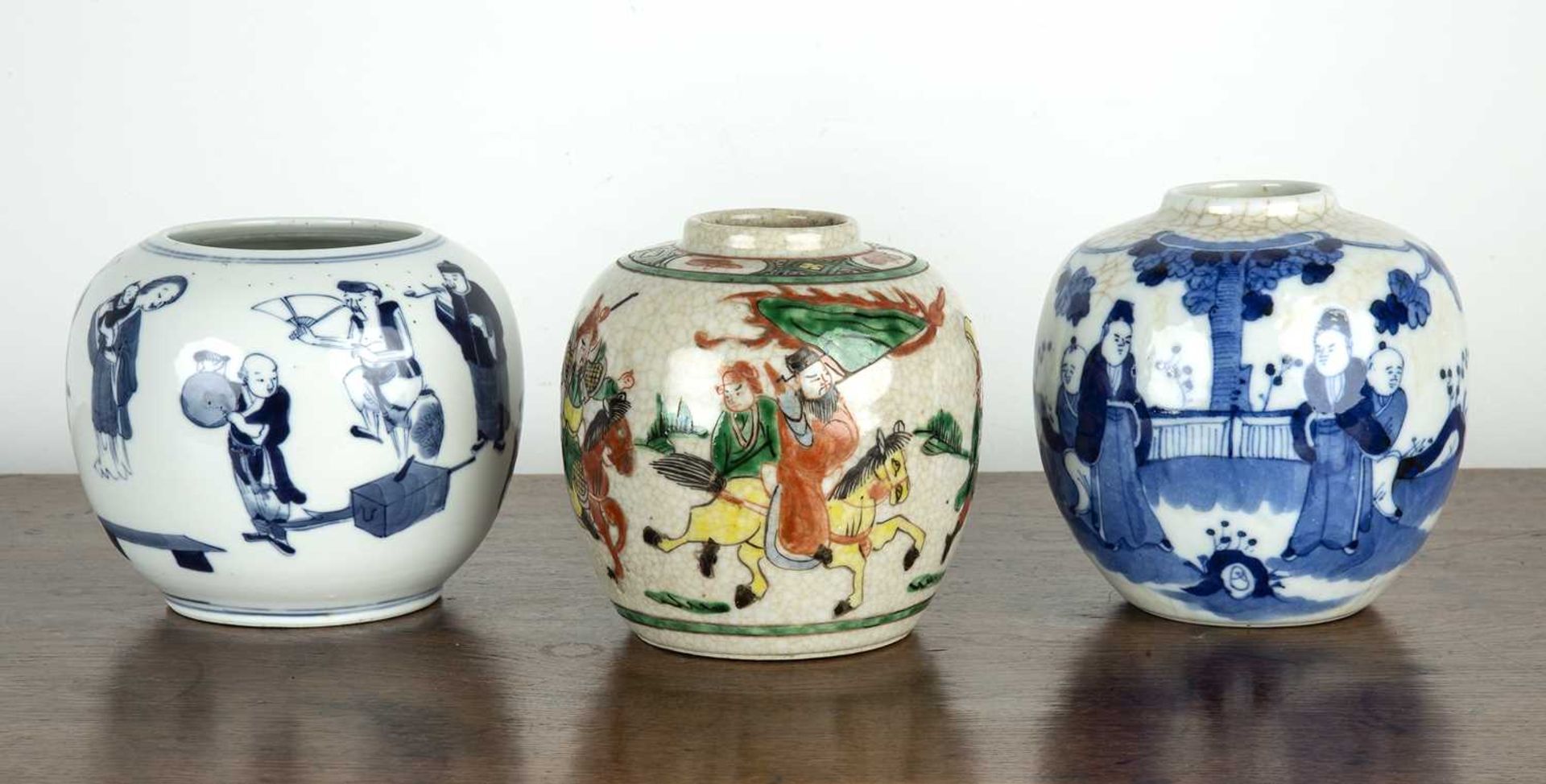 Blue and white small ovoid vase Chinese, 19th Century painted with Lohans, scholars and other