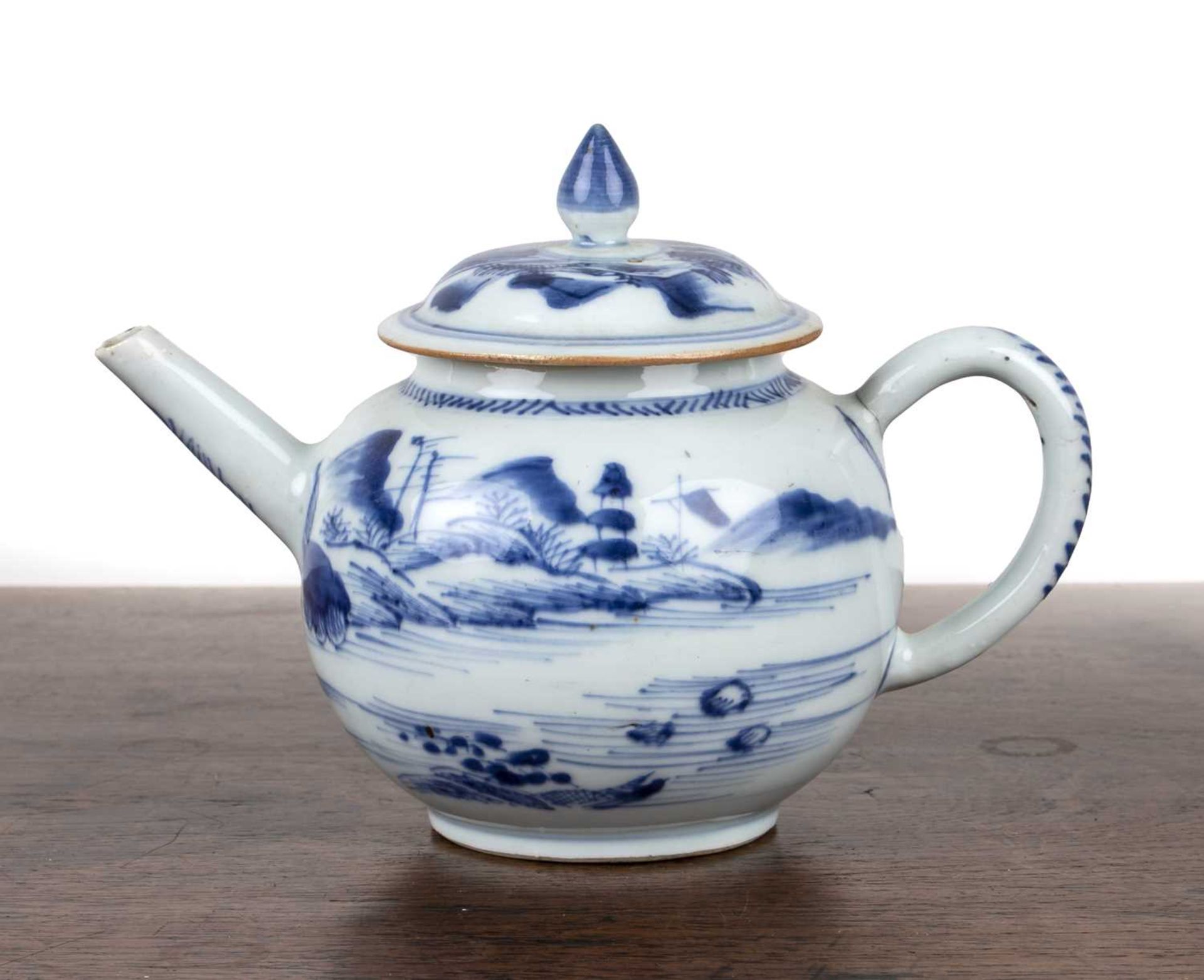 Small blue and white ovoid teapot Chinese, 18th Century painted with a river landscape, 17.5cm - Image 2 of 3