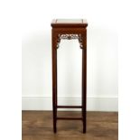 Hardwood stand Chinese having a square top and carved frieze, 31cm square x 100cm high With wear and