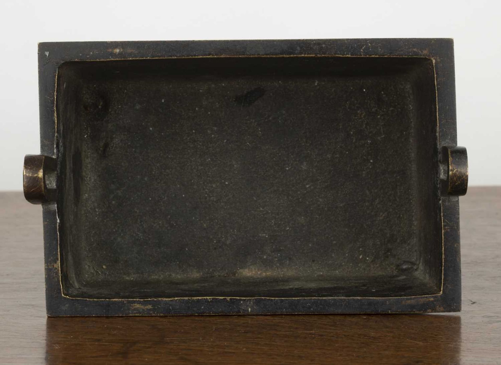 Small bronze censer Chinese of rectangular form with cloisonne panels, 13cm x 8.6cm x 11cm - Image 5 of 6