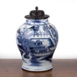 Blue and white porcelain vase with hardwood cover Chinese, 18th Century painted with a mountainous