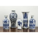 Group of five blue and white porcelain vases Chinese, 18th/19th Century including a Gu-shaped vase