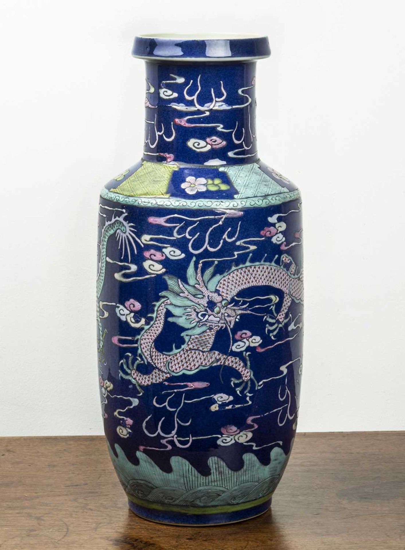 Blue ground rouleau vase Chinese, 19th/20th Century painted in enamels with dragons and flaming - Image 2 of 4