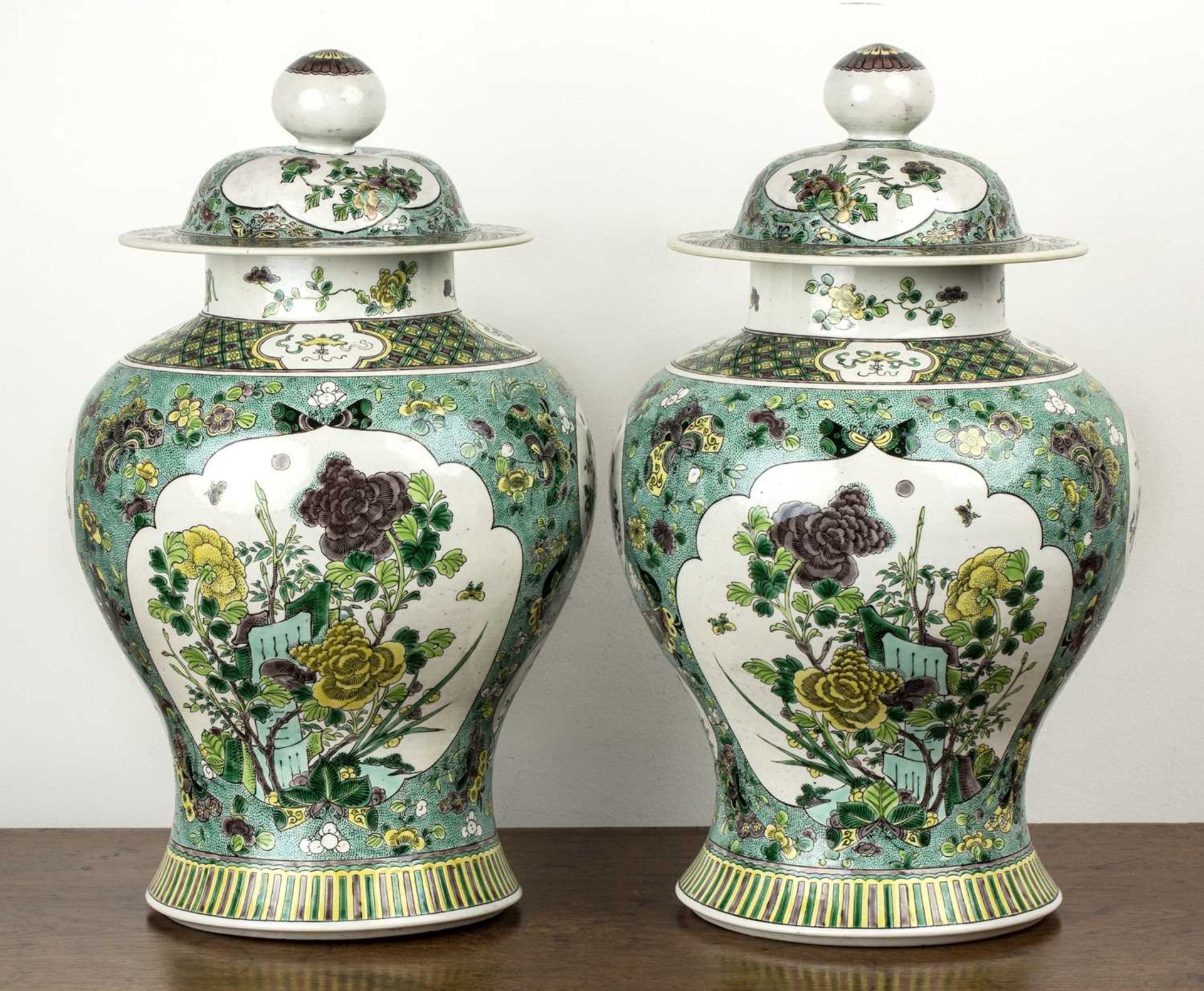 Pair of biscuit baluster vases and covers Chinese, 19th Century each painted in green enamels with - Image 3 of 9