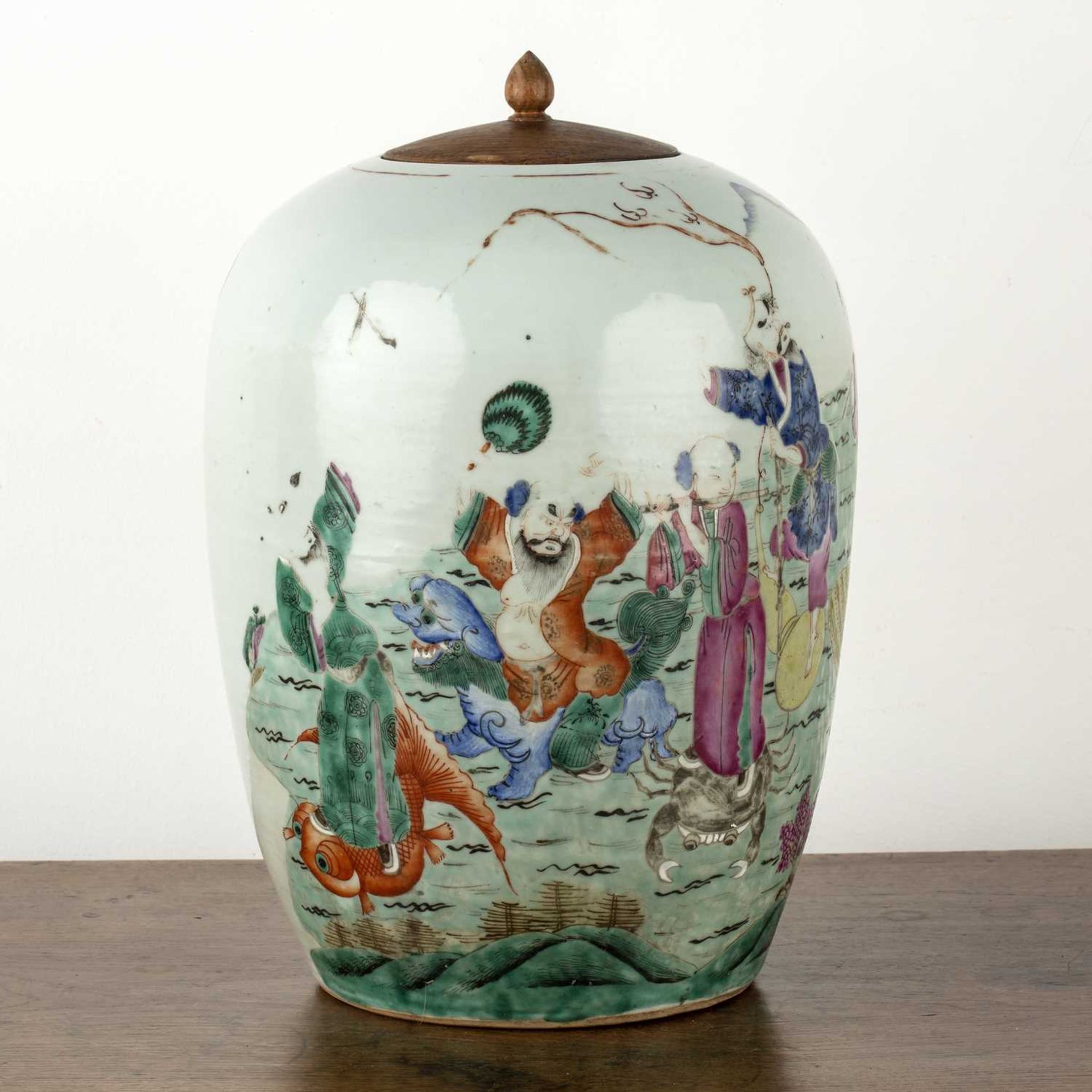 Polychrome enamelled vase and wood cover Chinese, 19th Century painted with a Lohan and further - Image 3 of 5
