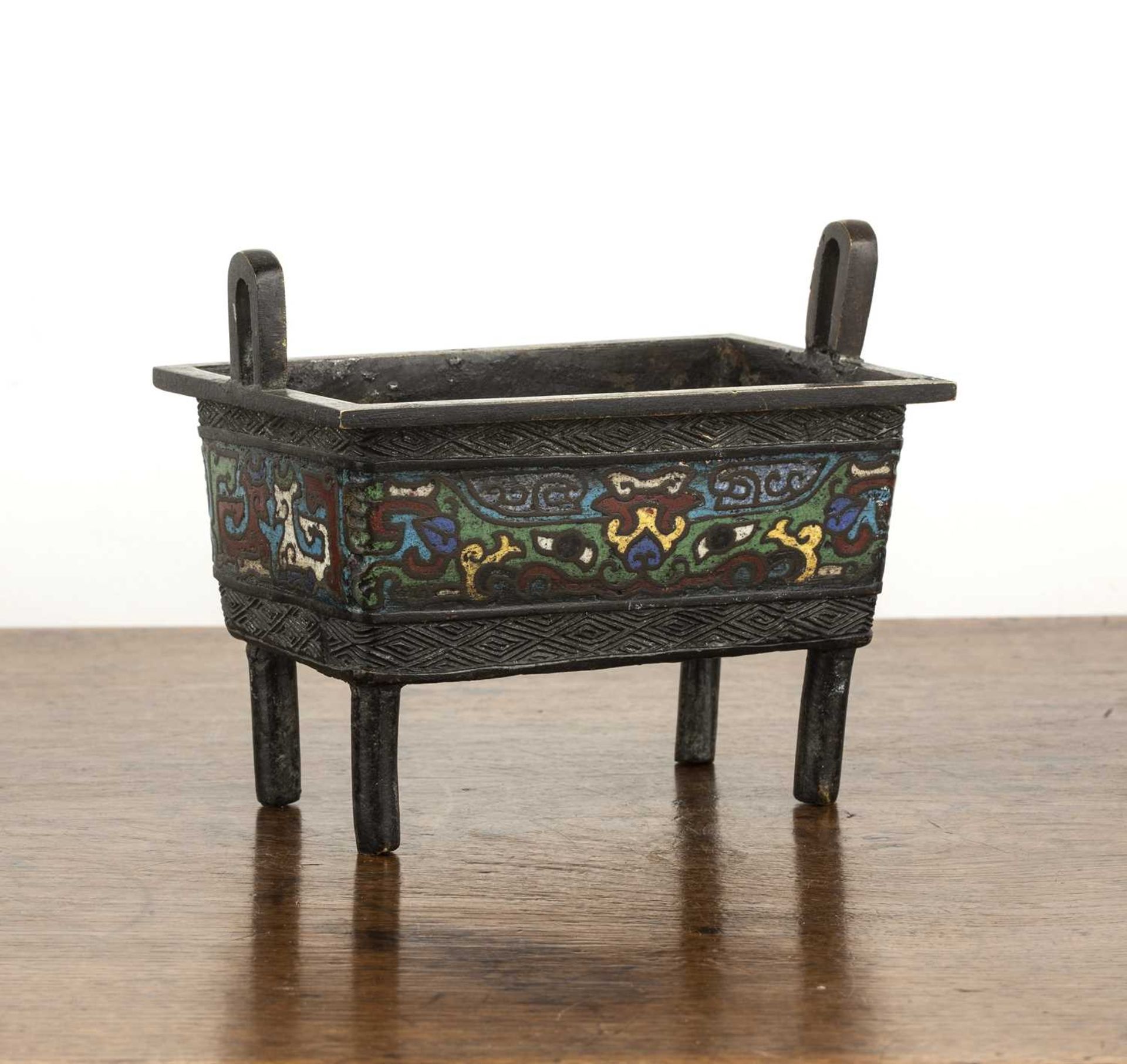 Small bronze censer Chinese of rectangular form with cloisonne panels, 13cm x 8.6cm x 11cm