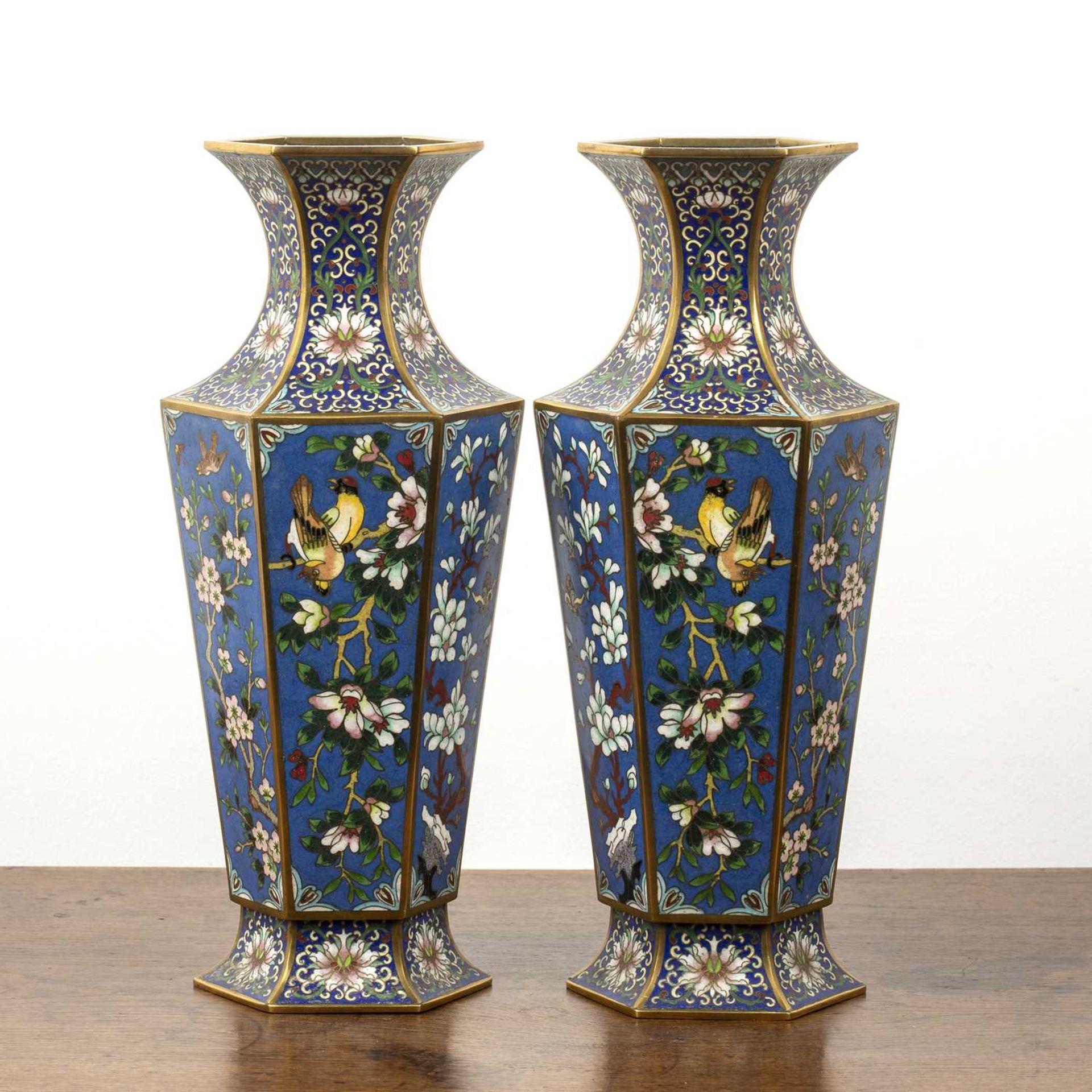 Pair of cloisonne vases Chinese, early 20th Century of hexagonal tapering form, decorated with - Image 3 of 5