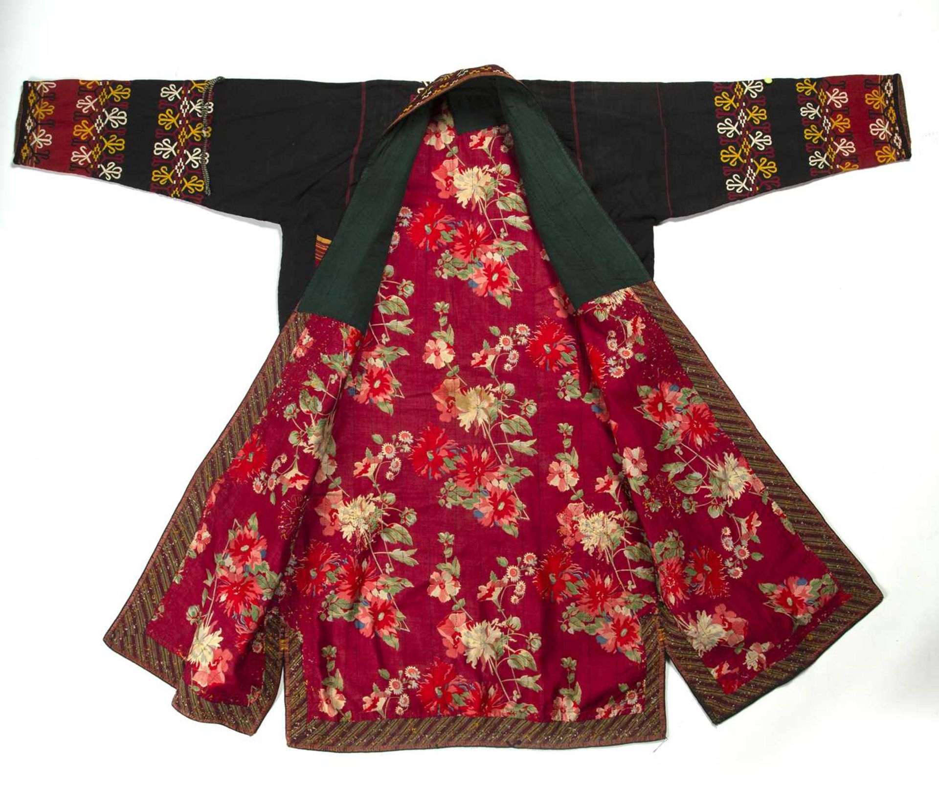 Tekke Turkoman chyrpy Turkmenistan of black ground with embroidered border and panels in red, yellow - Image 2 of 3