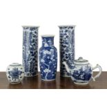 Group of blue and white pieces Chinese, 19th Century to include a pair of cylindrical vases