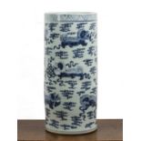 Large blue and white porcelain stick stand Chinese, late 19th Century painted with temple dogs, 26cm