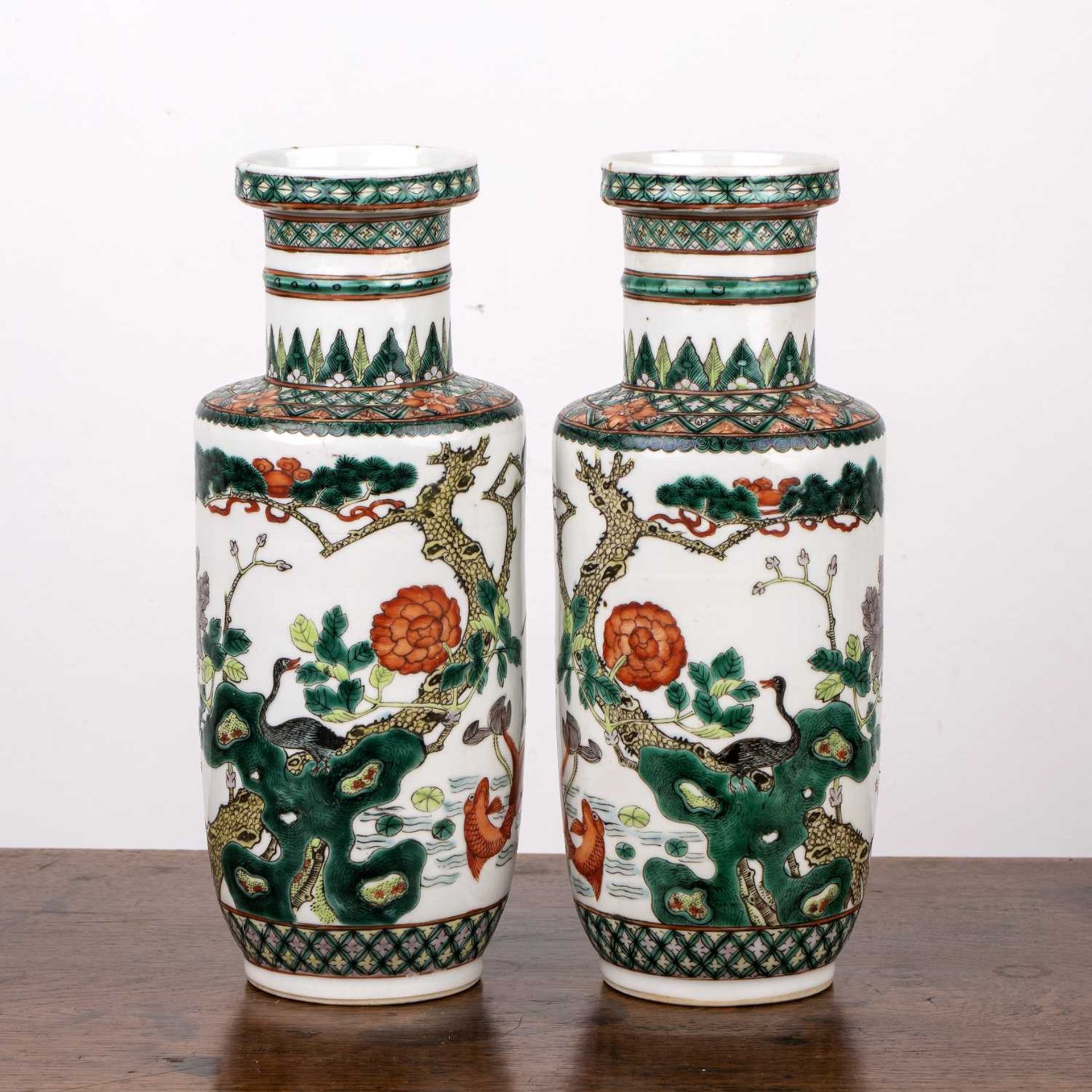 Pair of small famille verte rouleau vases Chinese, late 19th Century each painted in enamels with