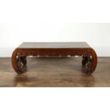 Hardwood opium table Chinese, circa 1900 with a carved key frieze, 97cm long x 44cm deep x 31cm