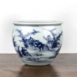 Blue and white porcelain small fish bowl Chinese18th/19th Century painted with fishermen, 15cm