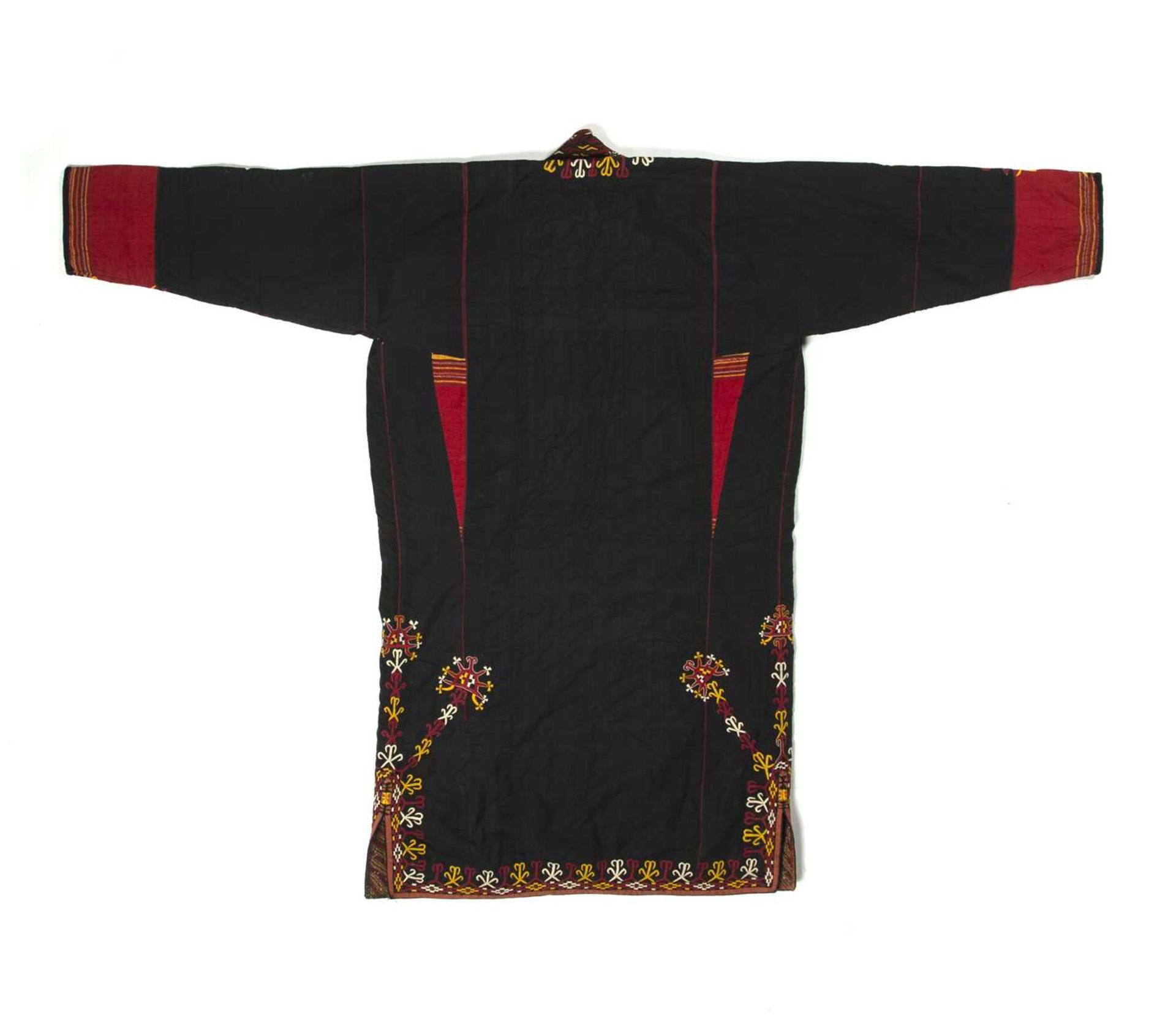 Tekke Turkoman chyrpy Turkmenistan of black ground with embroidered border and panels in red, yellow - Image 3 of 3