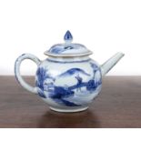 Small blue and white ovoid teapot Chinese, 18th Century painted with a river landscape, 17.5cm