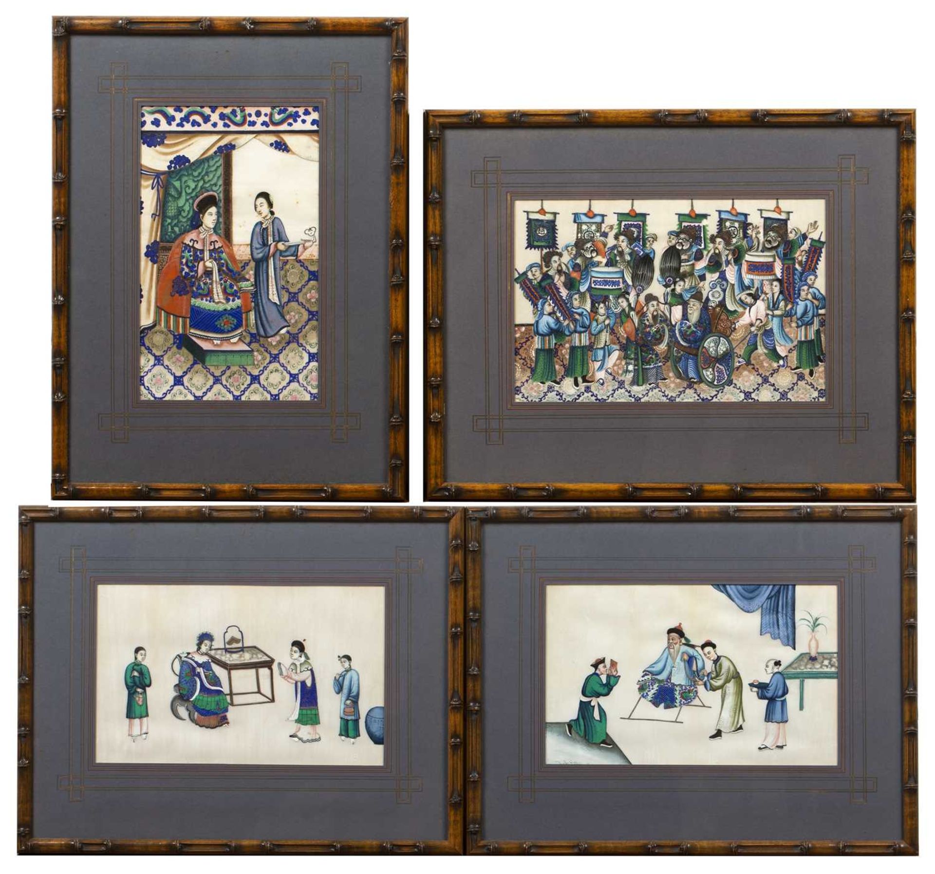 Group of four pith paintings Chinese, 19th Century depicting court scenes and courtiers with - Image 2 of 4