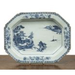 Blue and white deep dish Chinese, Qianlong painted with a lake landscape scene, 36.5cm x 28.5cm Some