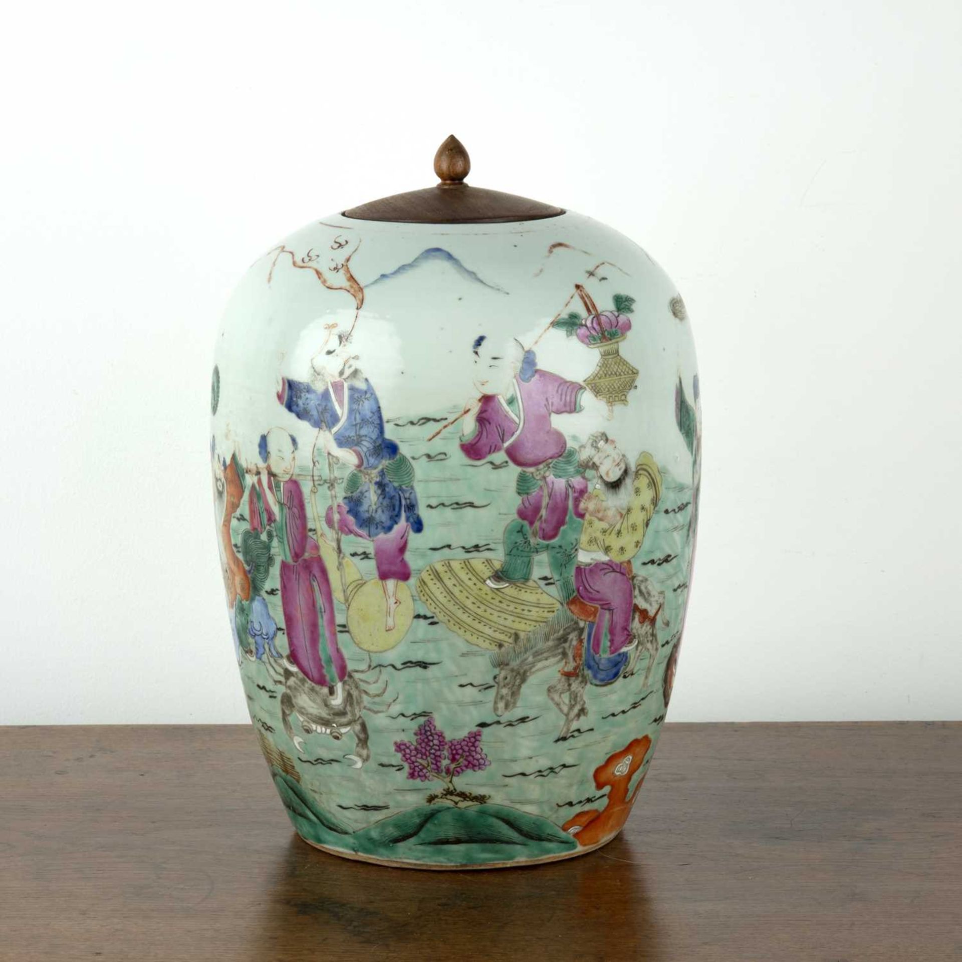 Polychrome enamelled vase and wood cover Chinese, 19th Century painted with a Lohan and further