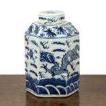 Blue and white porcelain hexagonal jar and cover Chinese, 19th Century painted with a dragon and