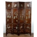 Hardwood (possibly zitan) and mother of pearl inlaid screen Chinese, late 19th Century with four