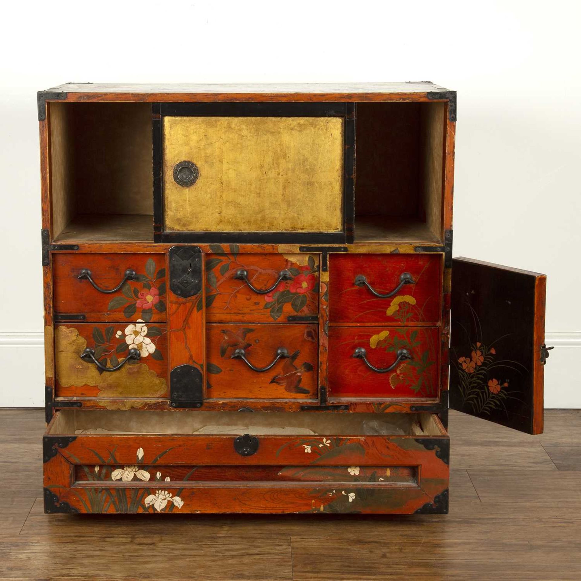 Gilt lacquer and painted cabinet Japanese, late 19th Century with fitted sliding doors and bird, - Image 2 of 6