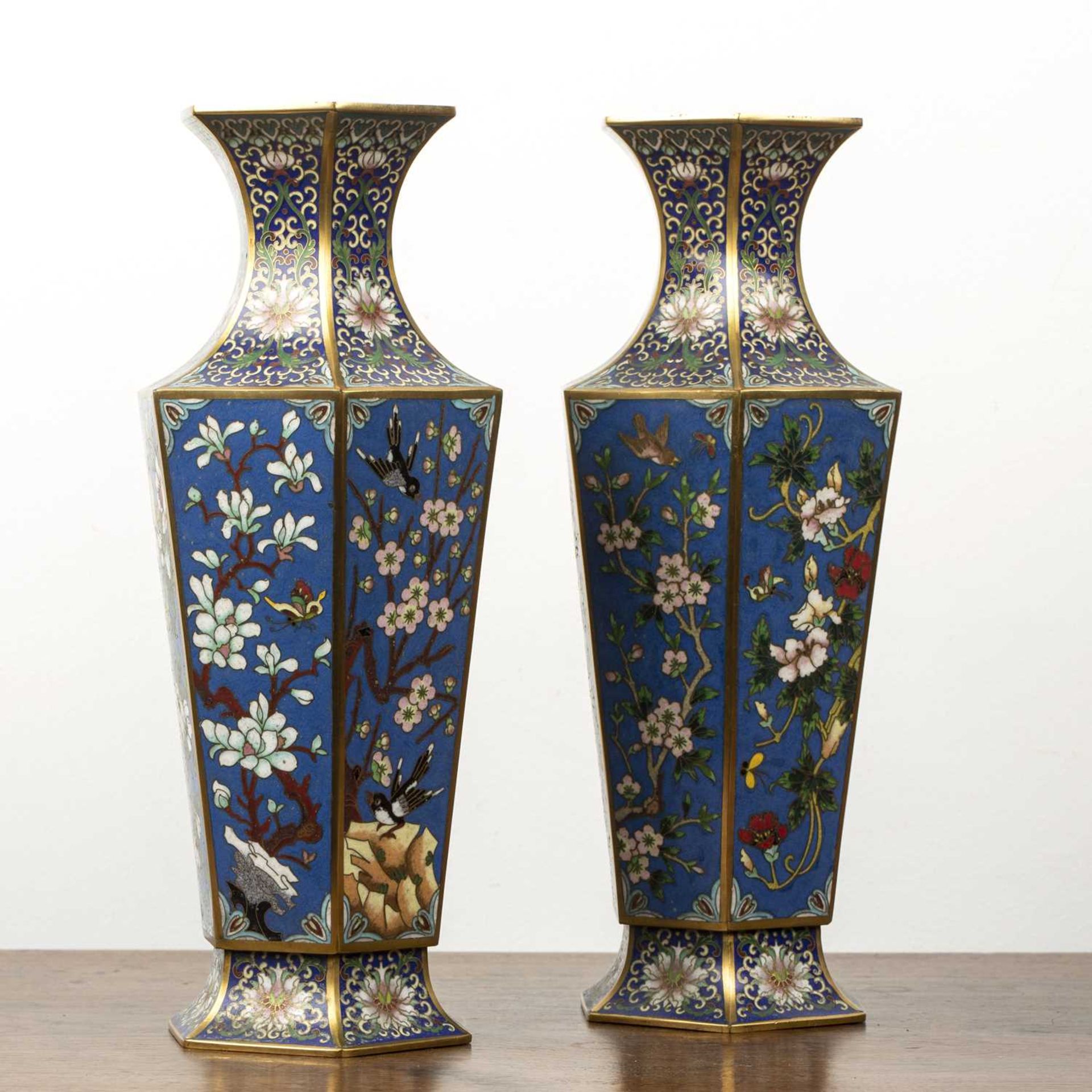 Pair of cloisonne vases Chinese, early 20th Century of hexagonal tapering form, decorated with - Image 4 of 5