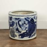 Large blue and white porcelain cylindrical fish tank Chinese, 19th Century painted with fish and