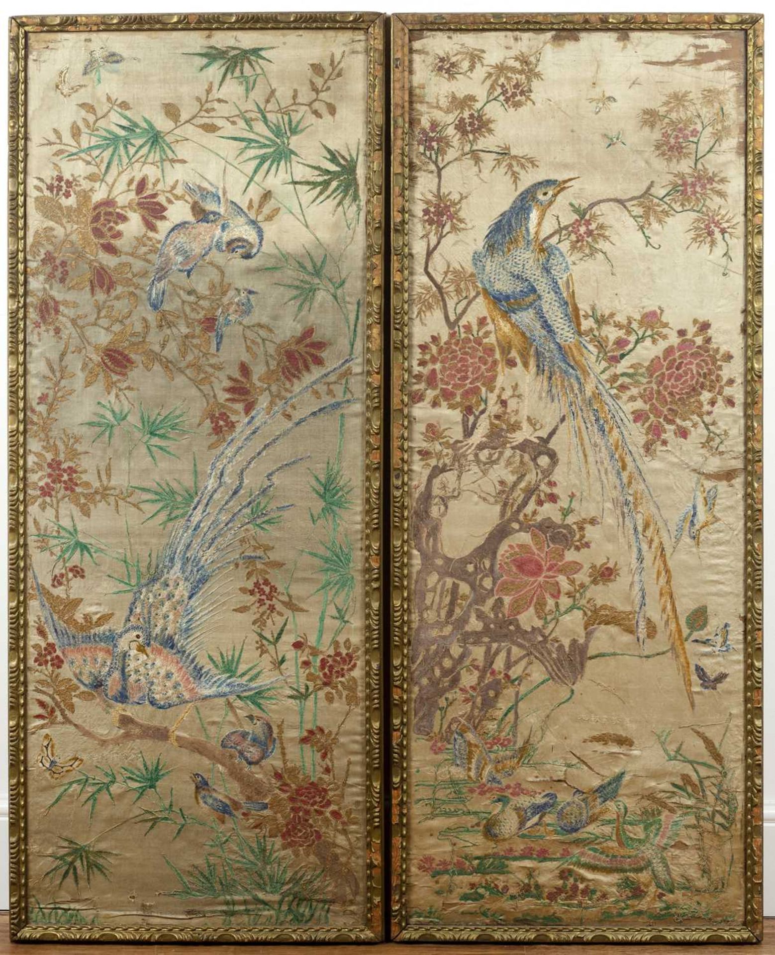 Pair of silk framed panels Chinese, circa 1900 embroidered with peacock, other birds and insects, - Image 2 of 3