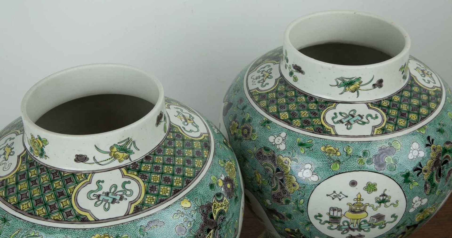 Pair of biscuit baluster vases and covers Chinese, 19th Century each painted in green enamels with - Image 5 of 9