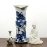 Group of three pieces Chinese including a Gu-shaped blue and white vase painted with figures, having