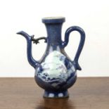 Small porcelain powder blue and white ewer Chinese, 19th Century with two reserve panels, one