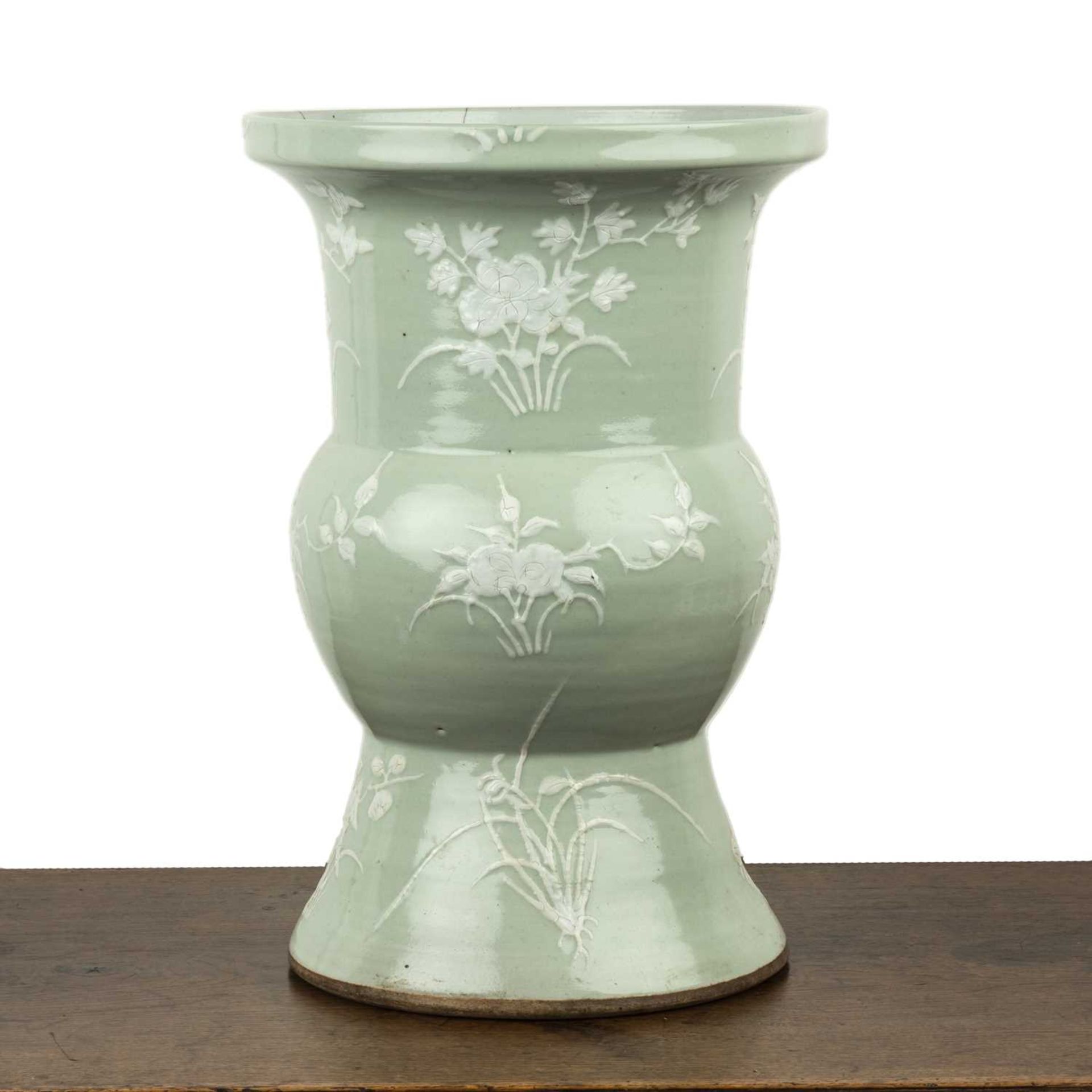 Celadon and white opaque beaker vase Chinese, 19th Century with raised foliate and bird sprays, - Image 2 of 5
