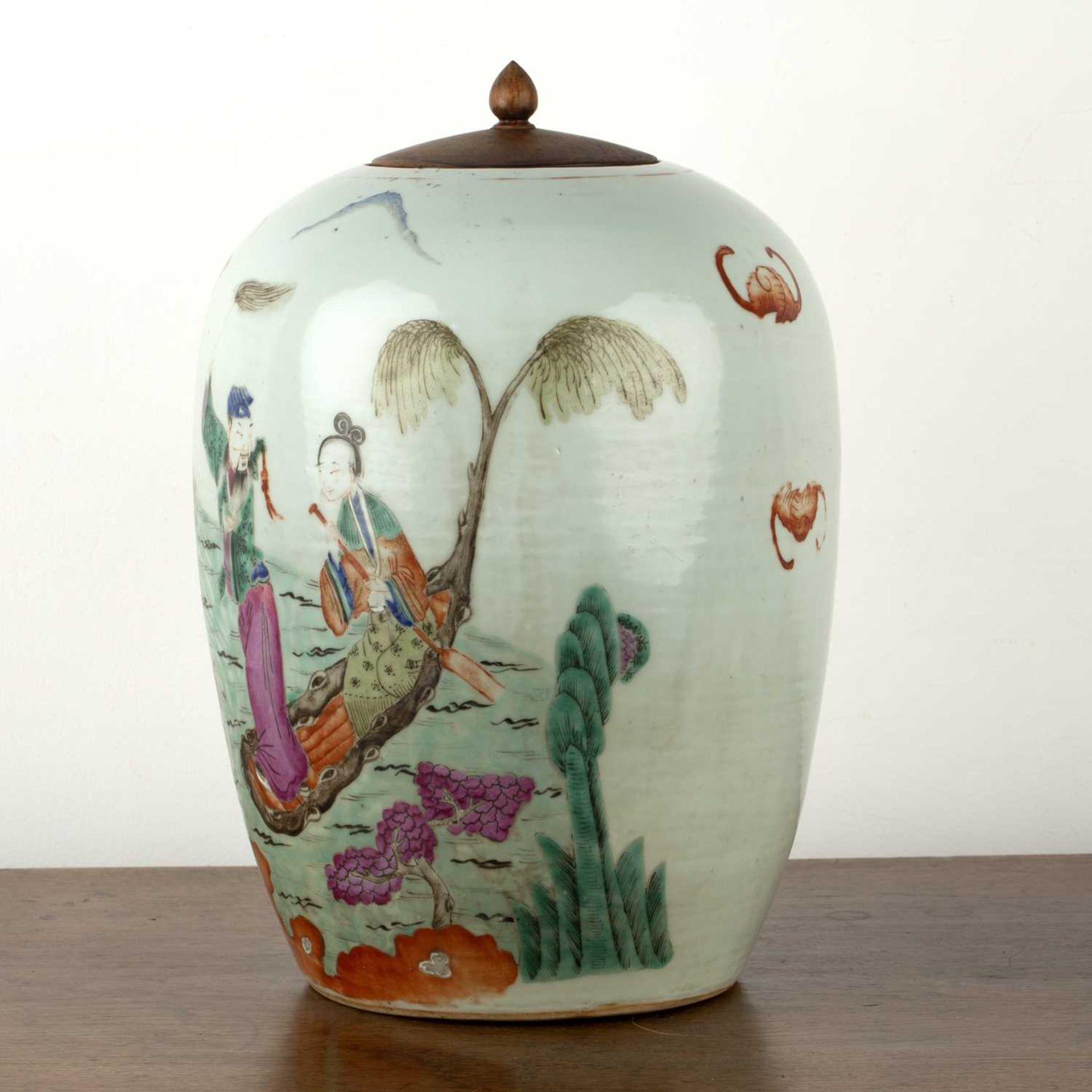 Polychrome enamelled vase and wood cover Chinese, 19th Century painted with a Lohan and further - Image 2 of 5