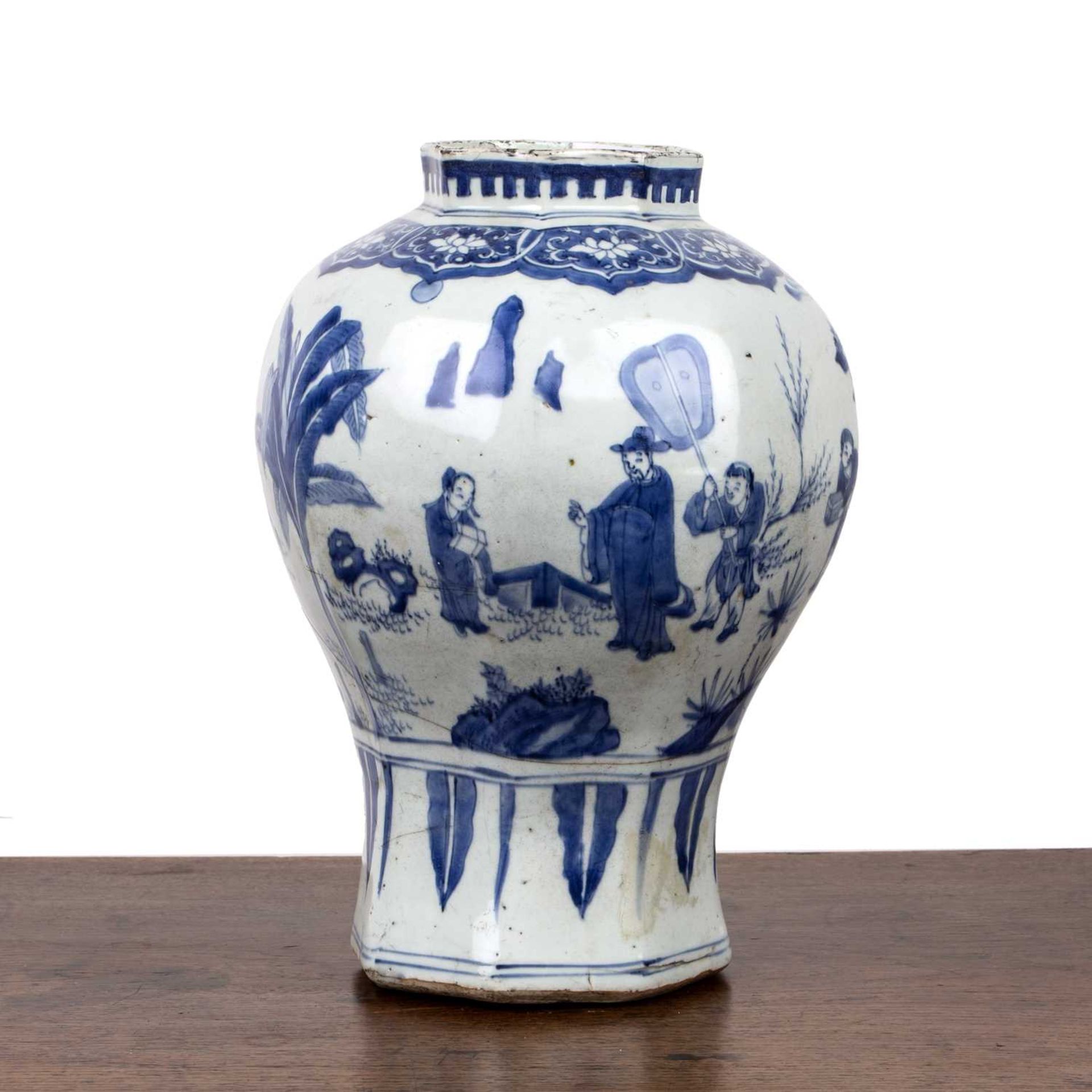 Blue and white baluster vase Chinese, early 18th Century painted with court figures within a ruyi