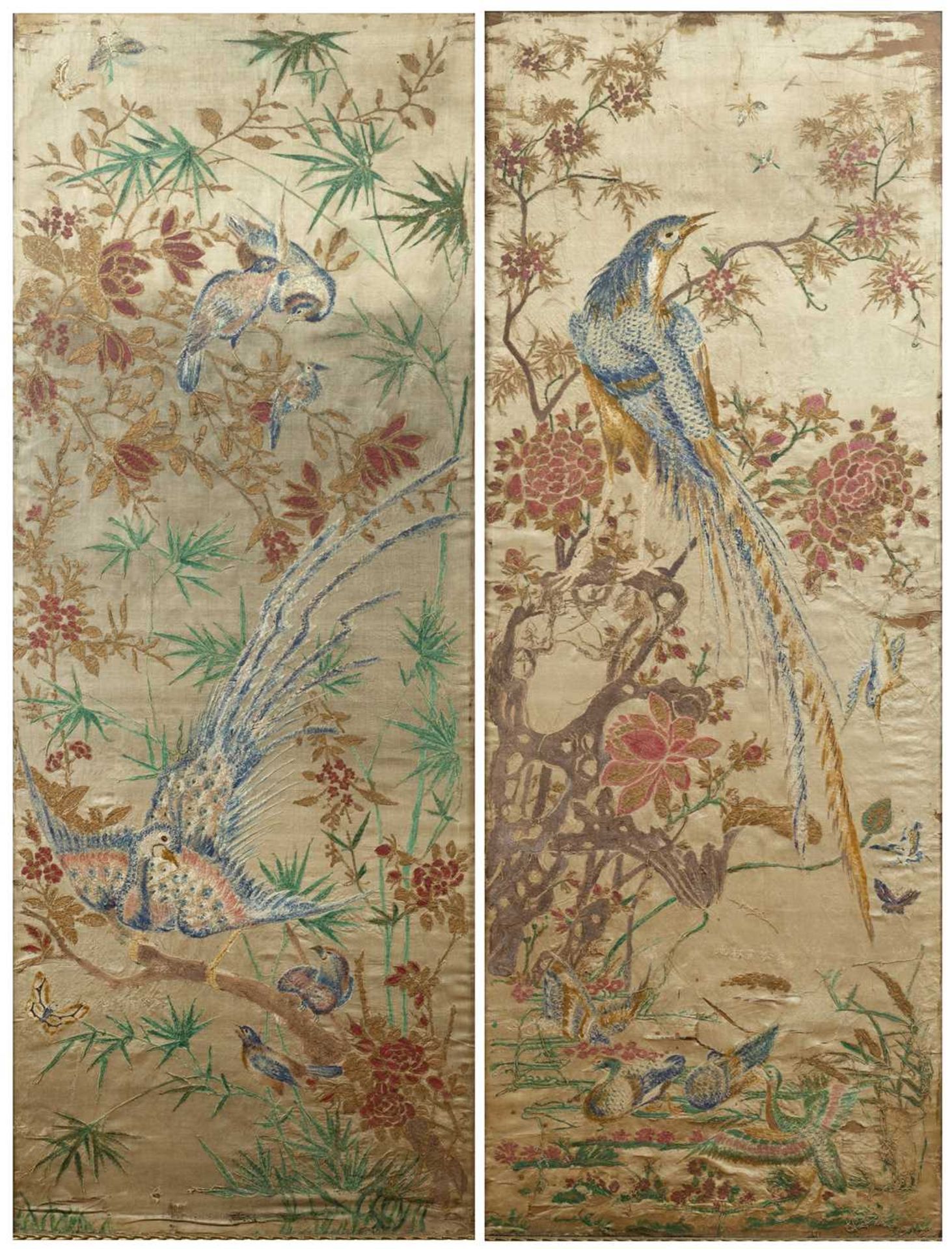 Pair of silk framed panels Chinese, circa 1900 embroidered with peacock, other birds and insects,